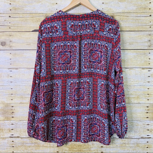 GNW Blouse Long Sleeve Geometric Sheer Red XL - Picture 2 of 6